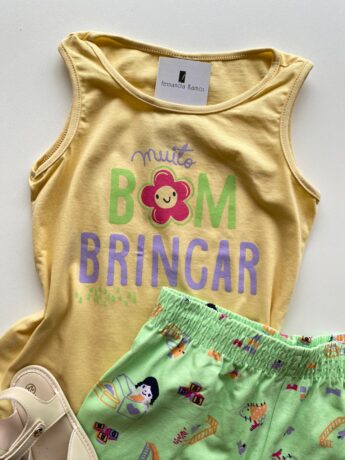 fernandaramoskids com br Conjunto Infantil Feminino Regata Amarela e Short Estampado Verde 1