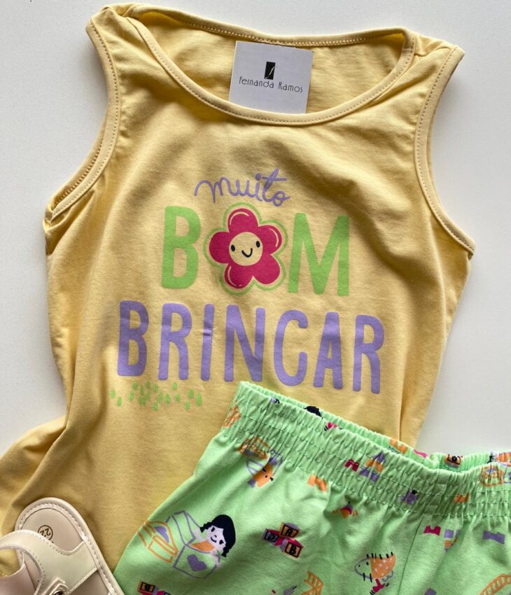 fernandaramoskids com br Conjunto Infantil Feminino Regata Amarela e Short Estampado Verde 1