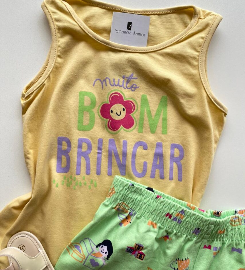 fernandaramoskids com br Conjunto Infantil Feminino Regata Amarela e Short Estampado Verde 1