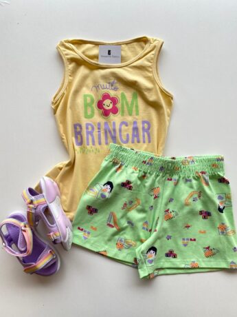 Conjunto Infantil Feminino Regata Amarela e Short Estampado Verde Fernanda Ramos Kids