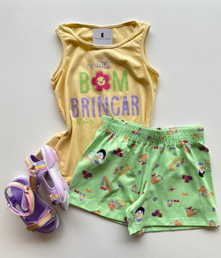 Conjunto Infantil Feminino Regata Amarela e Short Estampado Verde Fernanda Ramos Kids