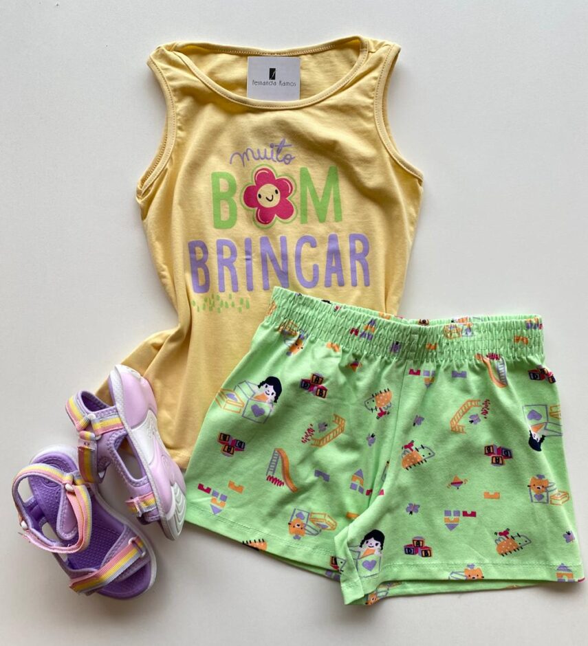 Conjunto Infantil Feminino Regata Amarela e Short Estampado Verde Fernanda Ramos Kids