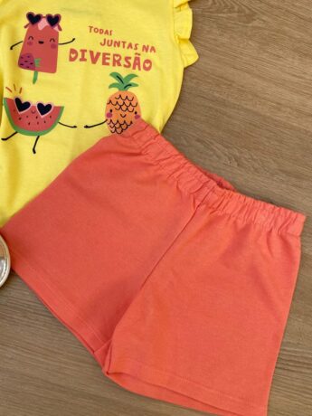 fernandaramoskids com br Conjunto Infantil Feminino Regata Amarela e Short Salmão 1