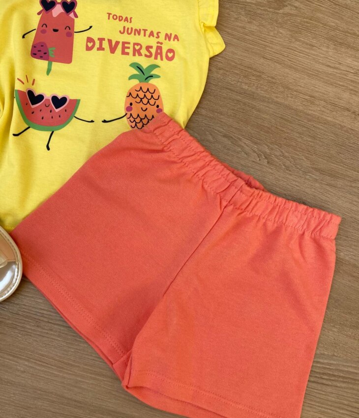 fernandaramoskids com br Conjunto Infantil Feminino Regata Amarela e Short Salmão 1