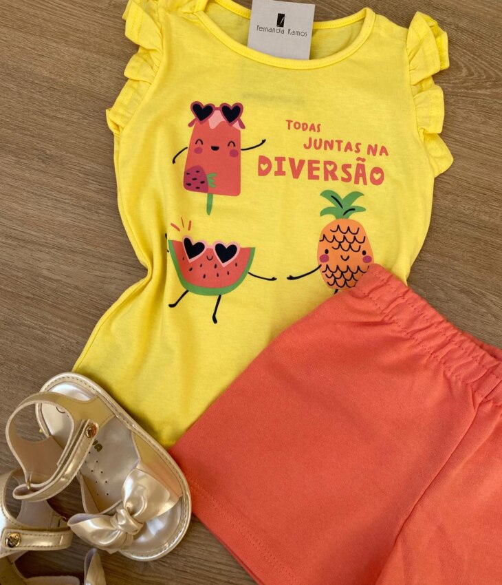 fernandaramoskids com br Conjunto Infantil Feminino Regata Amarela e Short Salmão 2
