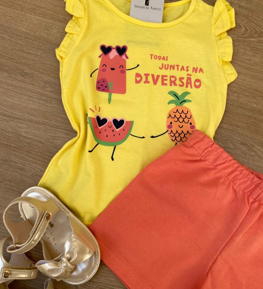 fernandaramoskids com br Conjunto Infantil Feminino Regata Amarela e Short Salmão 2
