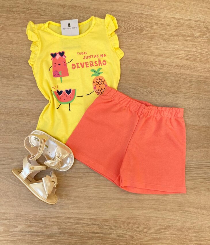 Conjunto Infantil Feminino Regata Amarela e Short Salmão Fernanda Ramos Kids