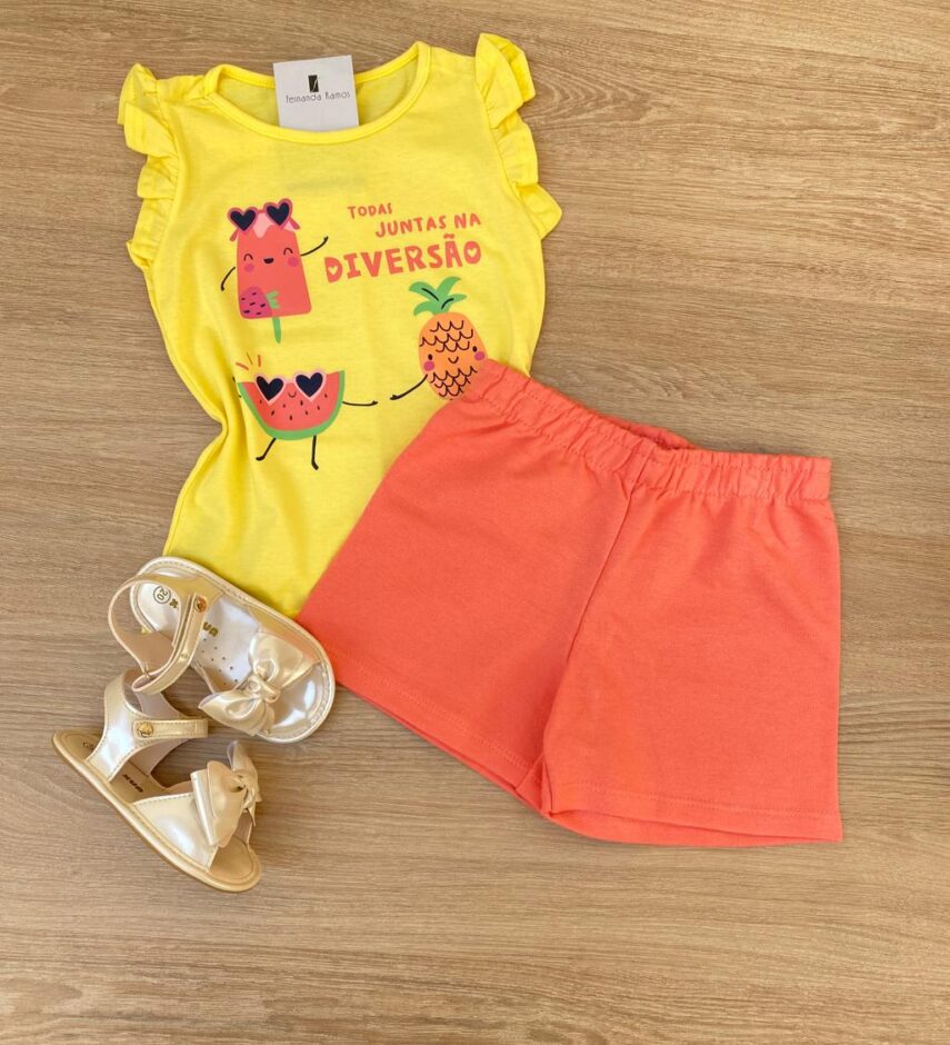Conjunto Infantil Feminino Regata Amarela e Short Salmão Fernanda Ramos Kids