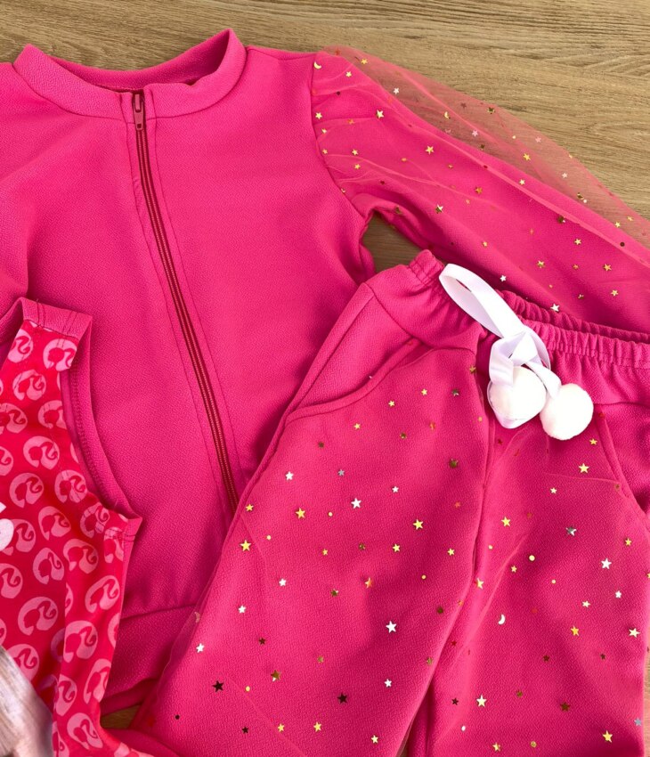 fernandaramoskids com br Conjunto Infantil Feminino Regata com Estampa + Jaqueta + Calça Pink 2
