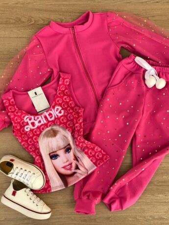 Conjunto Infantil Feminino Regata com Estampa + Jaqueta + Calça Pink Fernanda Ramos Kids