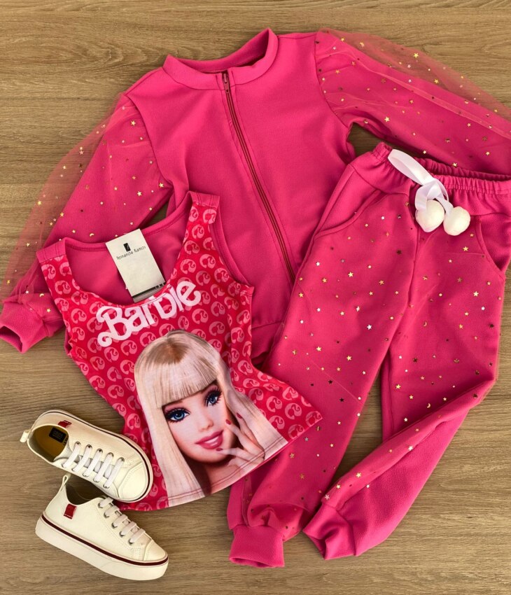 Conjunto Infantil Feminino Regata com Estampa + Jaqueta + Calça Pink Fernanda Ramos Kids