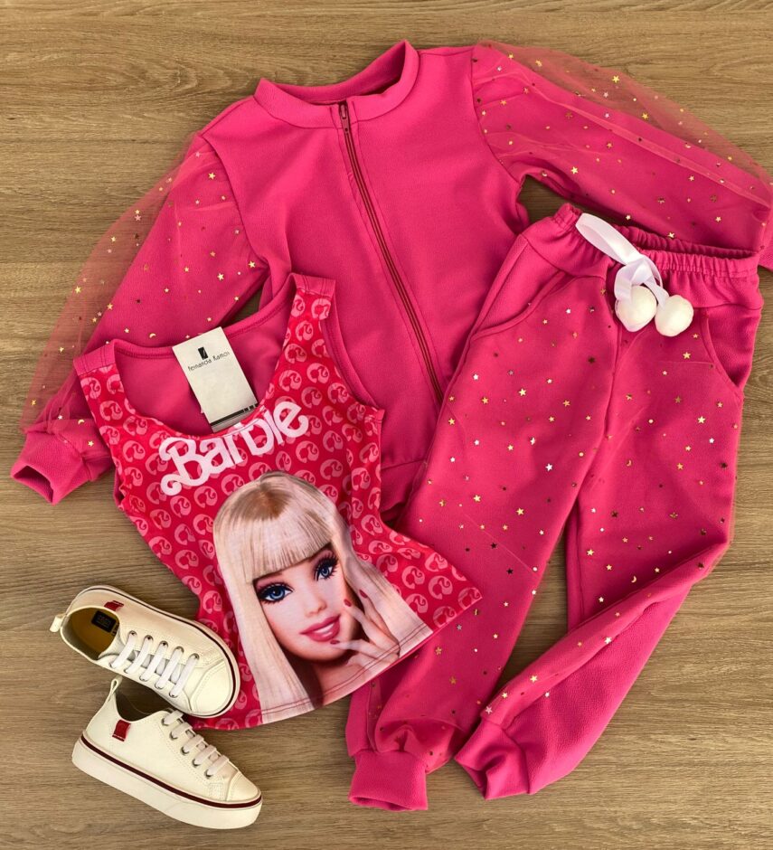Conjunto Infantil Feminino Regata com Estampa + Jaqueta + Calça Pink Fernanda Ramos Kids
