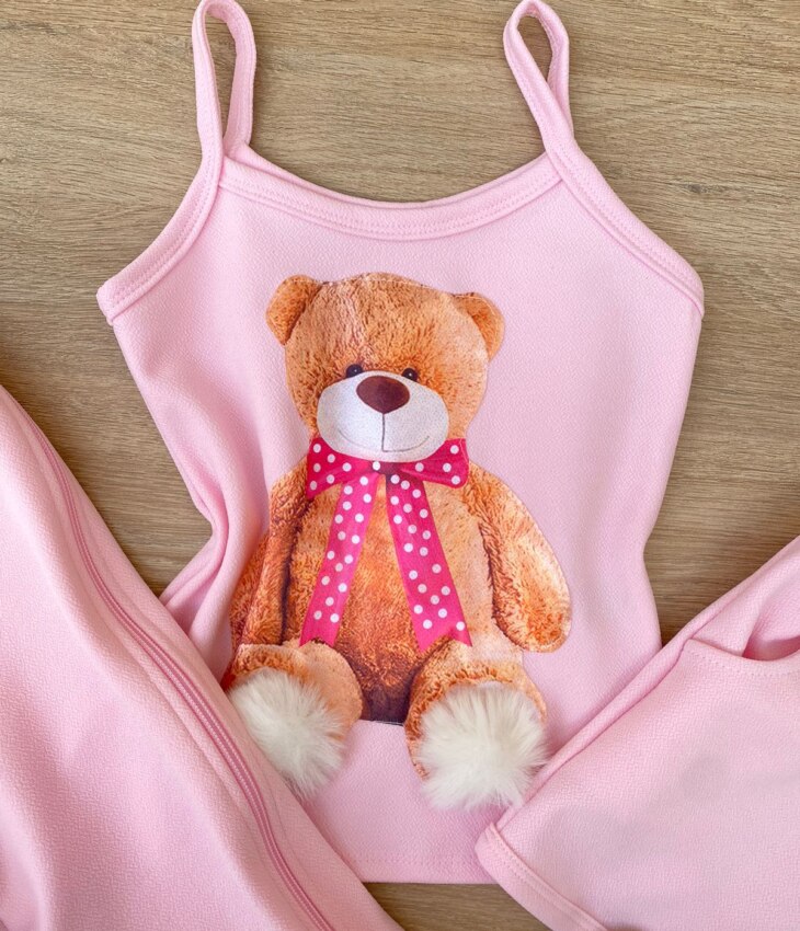 fernandaramoskids com br Conjunto Infantil Feminino Regata Estampa Urso + Jaqueta + Short Rosa 1