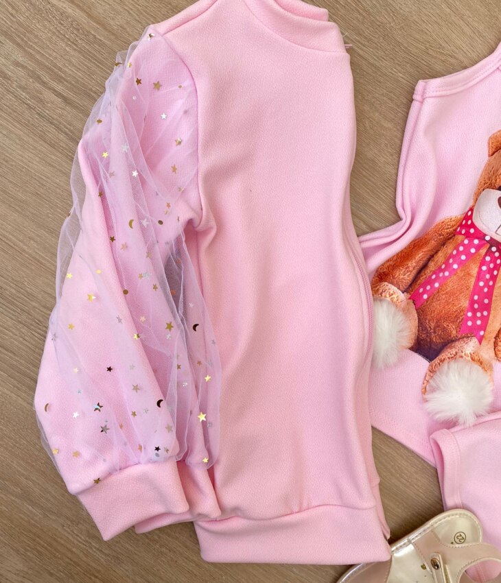fernandaramoskids com br Conjunto Infantil Feminino Regata Estampa Urso + Jaqueta + Short Rosa 2