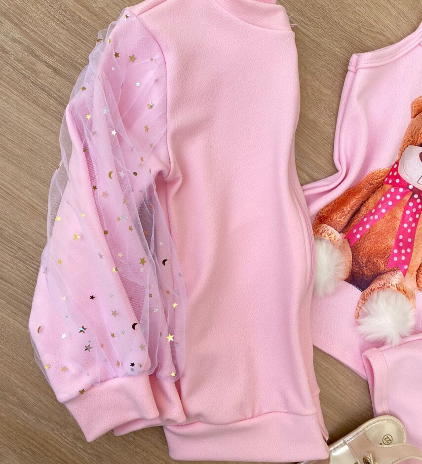 fernandaramoskids com br Conjunto Infantil Feminino Regata Estampa Urso + Jaqueta + Short Rosa 2
