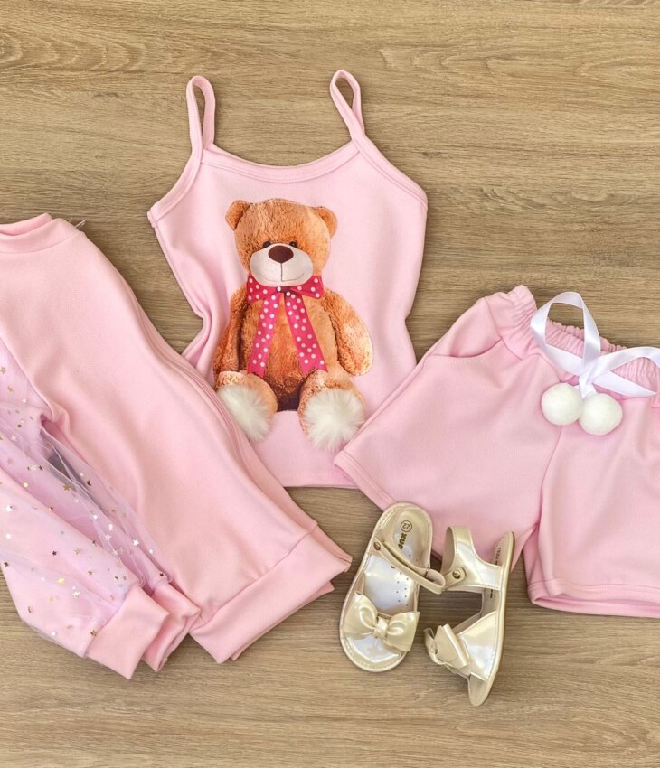 Conjunto Infantil Feminino Regata Estampa Urso + Jaqueta + Short Rosa Fernanda Ramos Kids