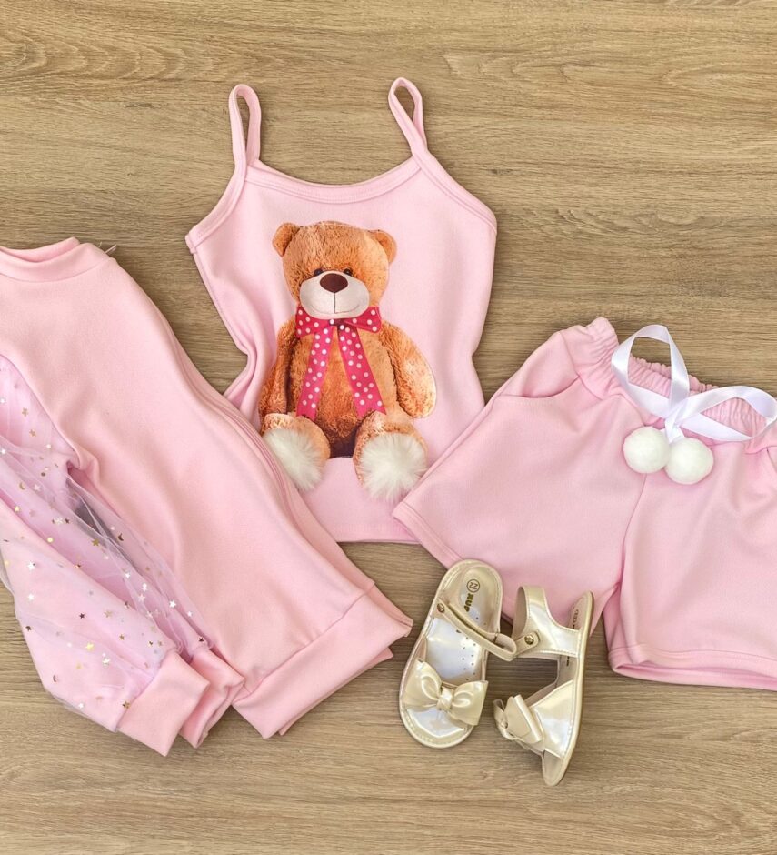 Conjunto Infantil Feminino Regata Estampa Urso + Jaqueta + Short Rosa Fernanda Ramos Kids