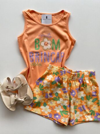 fernandaramoskids com br Conjunto Infantil Feminino Regata Laranja e Short Estampa Floral1
