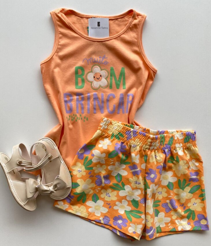 fernandaramoskids com br Conjunto Infantil Feminino Regata Laranja e Short Estampa Floral1