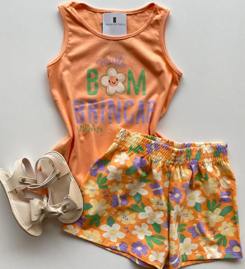 fernandaramoskids com br Conjunto Infantil Feminino Regata Laranja e Short Estampa Floral1