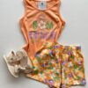 Conjunto Infantil Feminino Regata Laranja e Short Estampa Floral Fernanda Ramos Kids