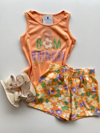 Conjunto Infantil Feminino Regata Laranja e Short Estampa Floral Fernanda Ramos Kids