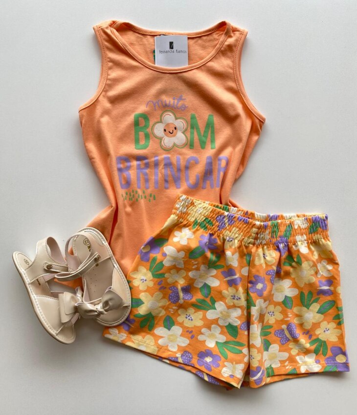 Conjunto Infantil Feminino Regata Laranja e Short Estampa Floral Fernanda Ramos Kids