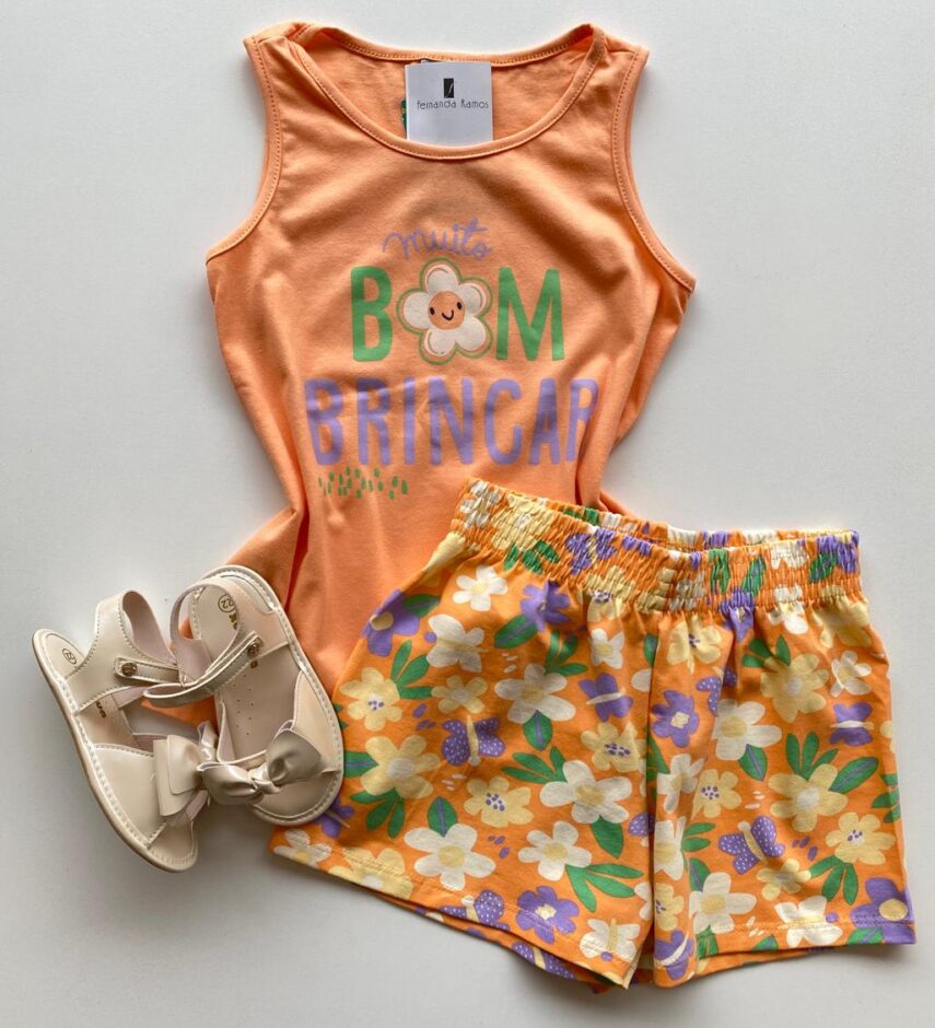 Conjunto Infantil Feminino Regata Laranja e Short Estampa Floral Fernanda Ramos Kids
