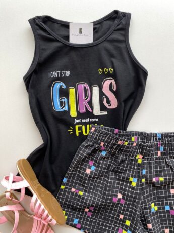 fernandaramoskids com br Conjunto Infantil Feminino Regata Preta e Short Estampa Xadrez 1