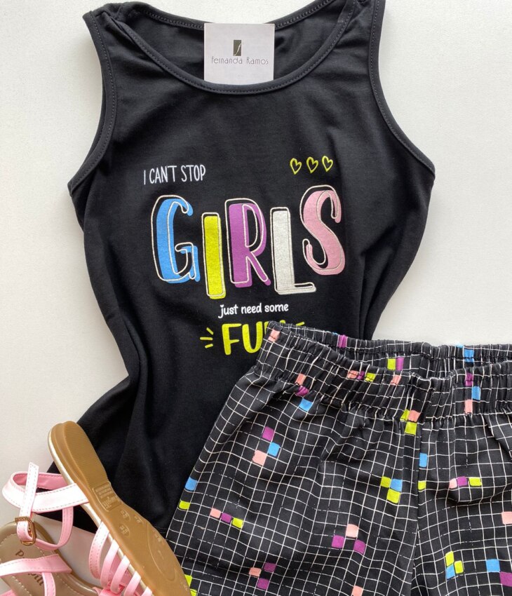 fernandaramoskids com br Conjunto Infantil Feminino Regata Preta e Short Estampa Xadrez 1