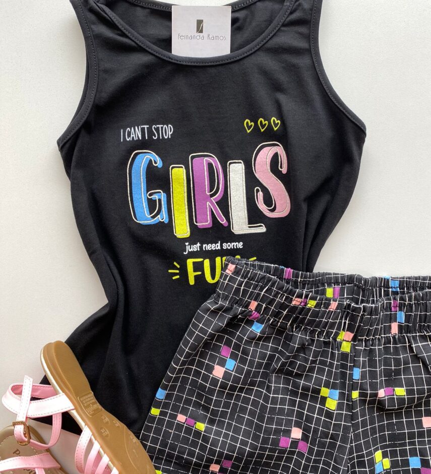 fernandaramoskids com br Conjunto Infantil Feminino Regata Preta e Short Estampa Xadrez 1