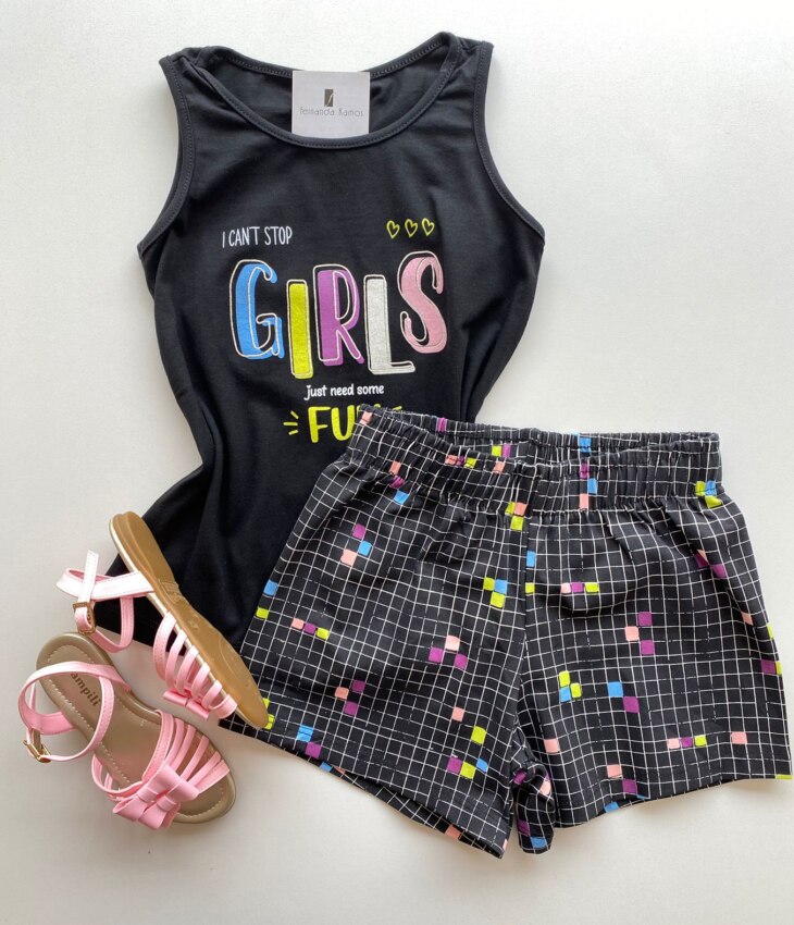 Conjunto Infantil Feminino Regata Preta e Short Estampa Xadrez Fernanda Ramos Kids