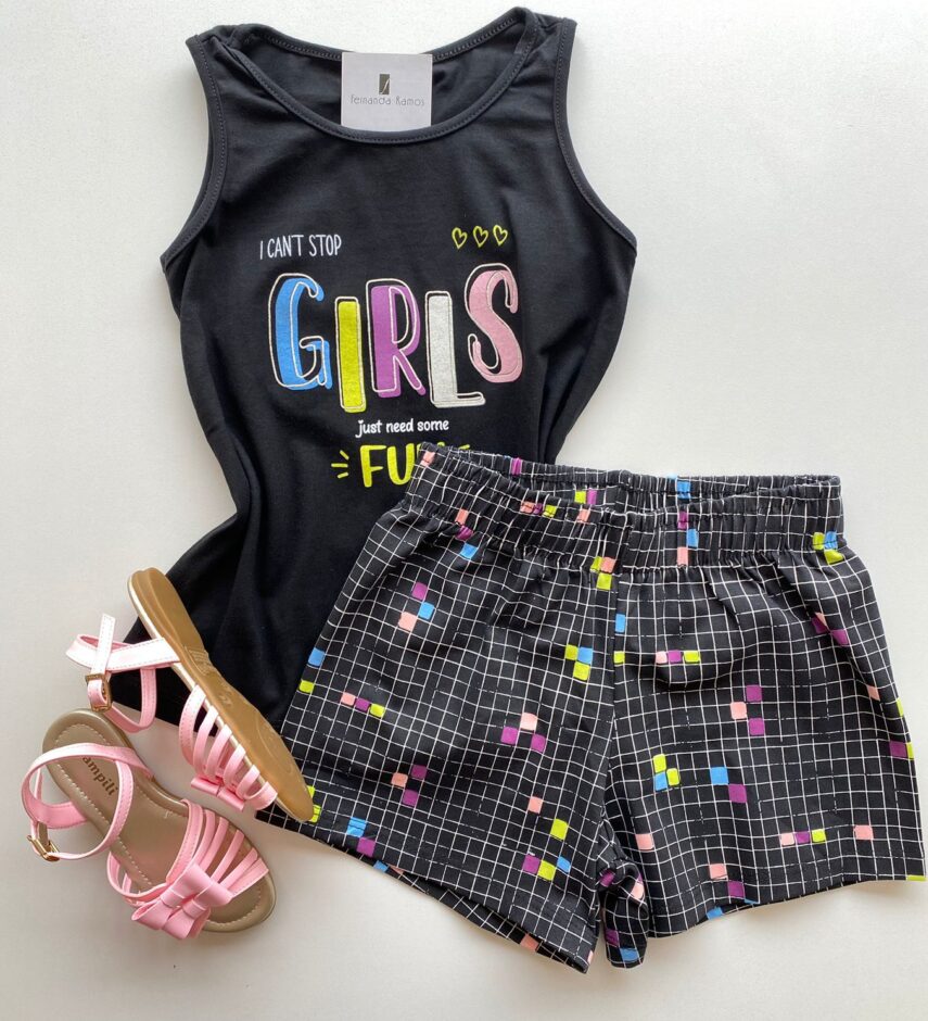 Conjunto Infantil Feminino Regata Preta e Short Estampa Xadrez Fernanda Ramos Kids