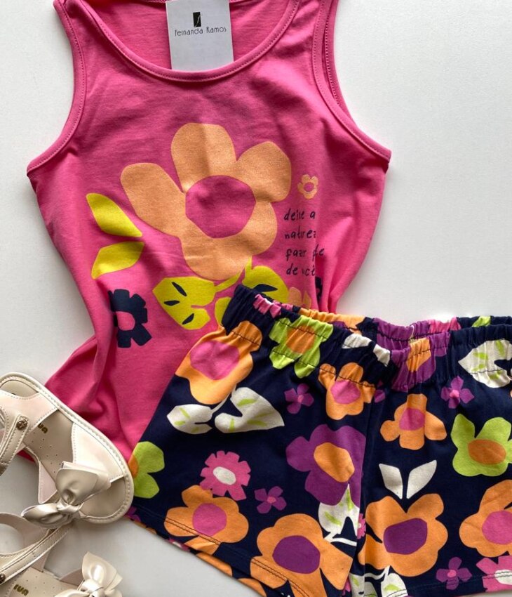 fernandaramoskids com br Conjunto Infantil Feminino Regata Rosa e Short Estampa Floral 1