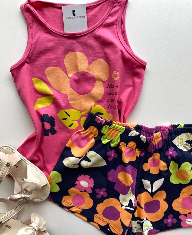 fernandaramoskids com br Conjunto Infantil Feminino Regata Rosa e Short Estampa Floral 1