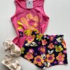 Conjunto Infantil Feminino Regata Rosa e Short Estampa Floral Fernanda Ramos Kids