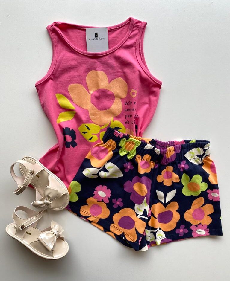 Conjunto Infantil Feminino Regata Rosa e Short Estampa Floral Fernanda Ramos Kids