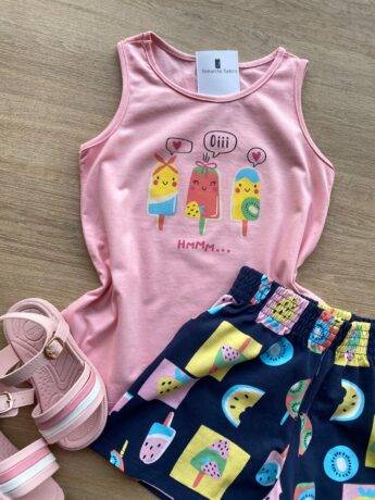 fernandaramoskids com br Conjunto Infantil Feminino Regata Rosa e Short Estampa Frutinhas 1
