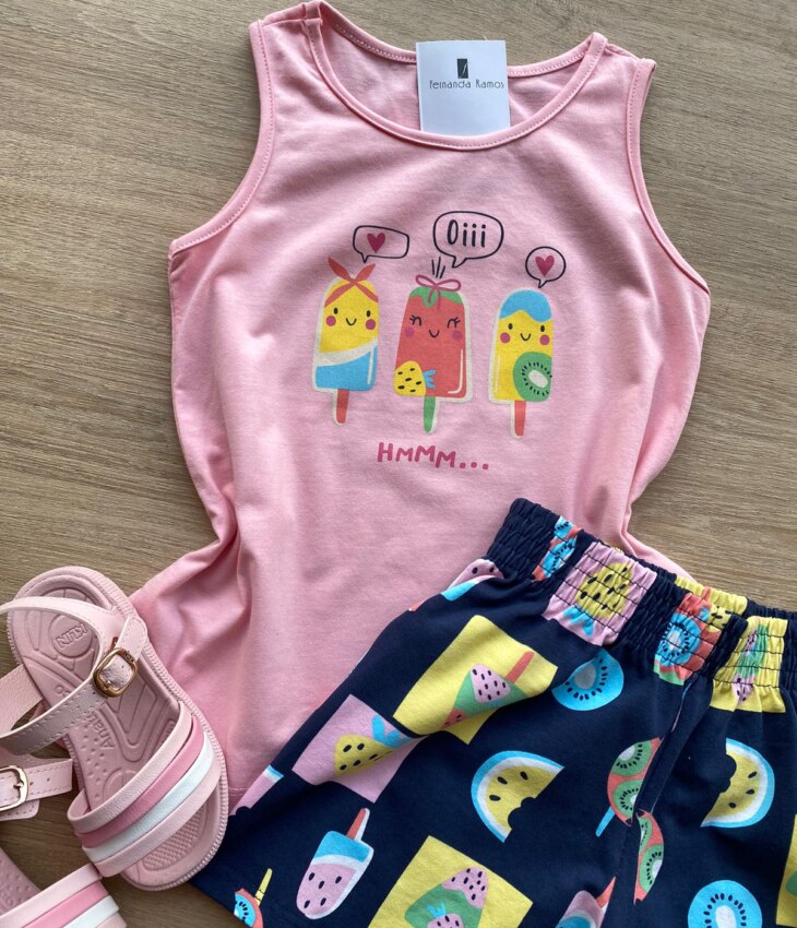 fernandaramoskids com br Conjunto Infantil Feminino Regata Rosa e Short Estampa Frutinhas 1
