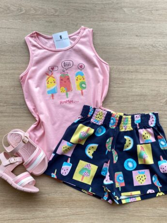 Conjunto Infantil Feminino Regata Rosa e Short Estampa Frutinhas Fernanda Ramos Kids