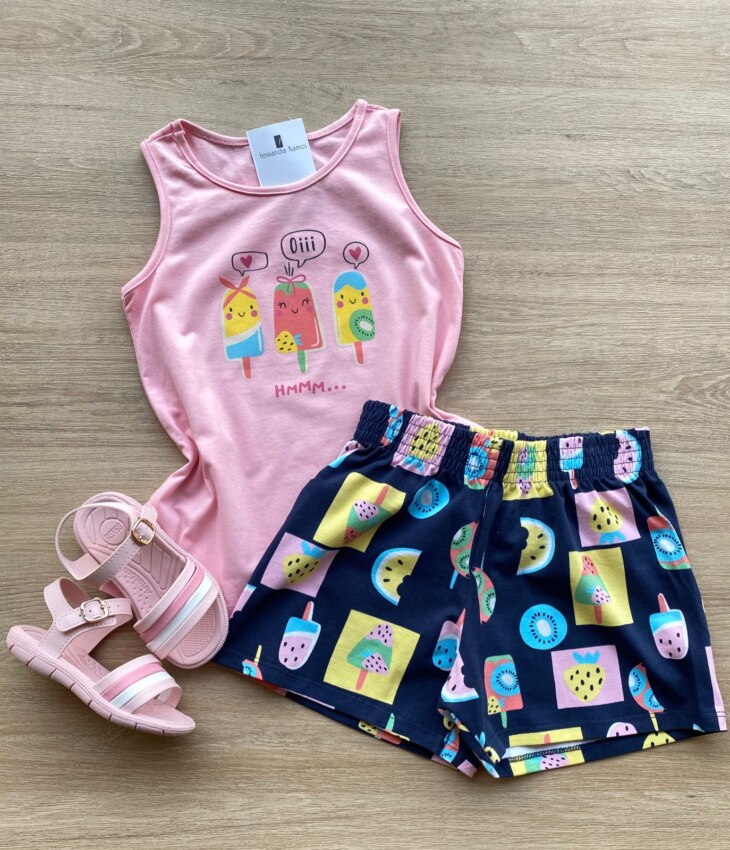Conjunto Infantil Feminino Regata Rosa e Short Estampa Frutinhas Fernanda Ramos Kids
