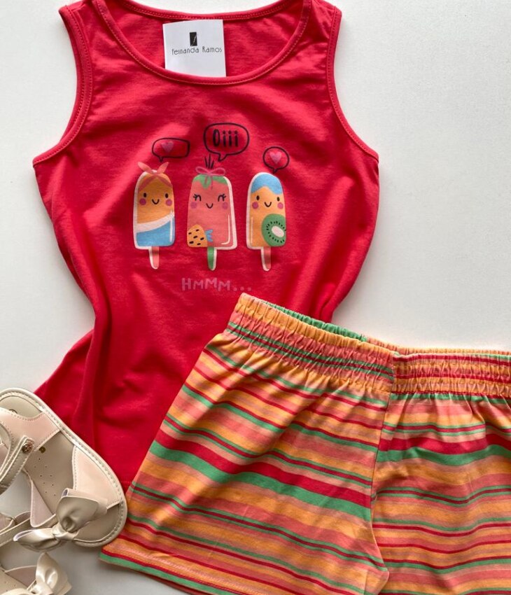 fernandaramoskids com br Conjunto Infantil Feminino Regata Rosa Escuro e Short Estampado 1