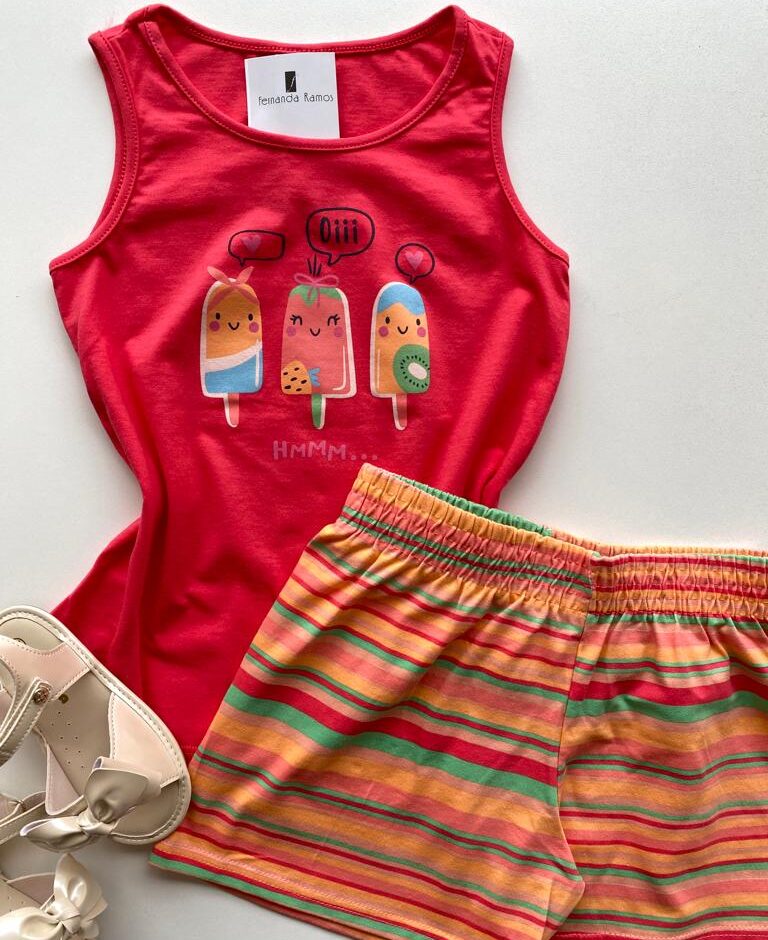 fernandaramoskids com br Conjunto Infantil Feminino Regata Rosa Escuro e Short Estampado 1