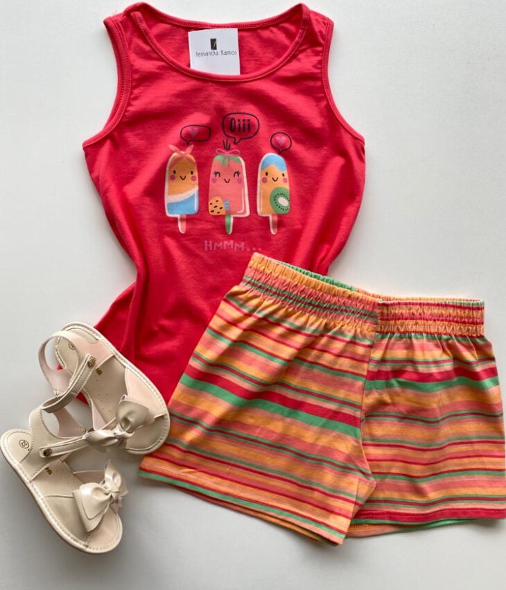 Conjunto Infantil Feminino Regata Rosa Escuro e Short Estampado Fernanda Ramos Kids
