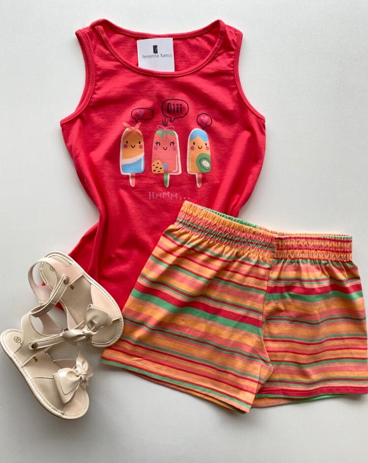 Conjunto Infantil Feminino Regata Rosa Escuro e Short Estampado Fernanda Ramos Kids