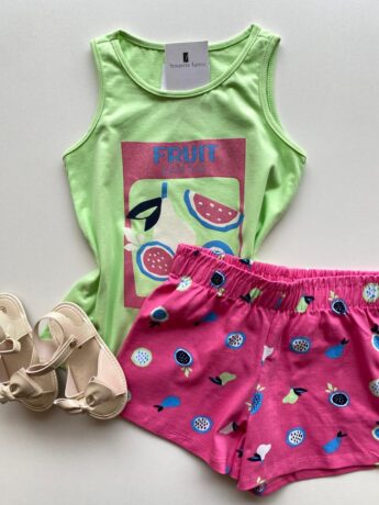 fernandaramoskids com br Conjunto Infantil Feminino Regata Verde e Short Estampado Rosa 1