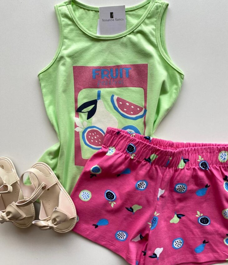 fernandaramoskids com br Conjunto Infantil Feminino Regata Verde e Short Estampado Rosa 1