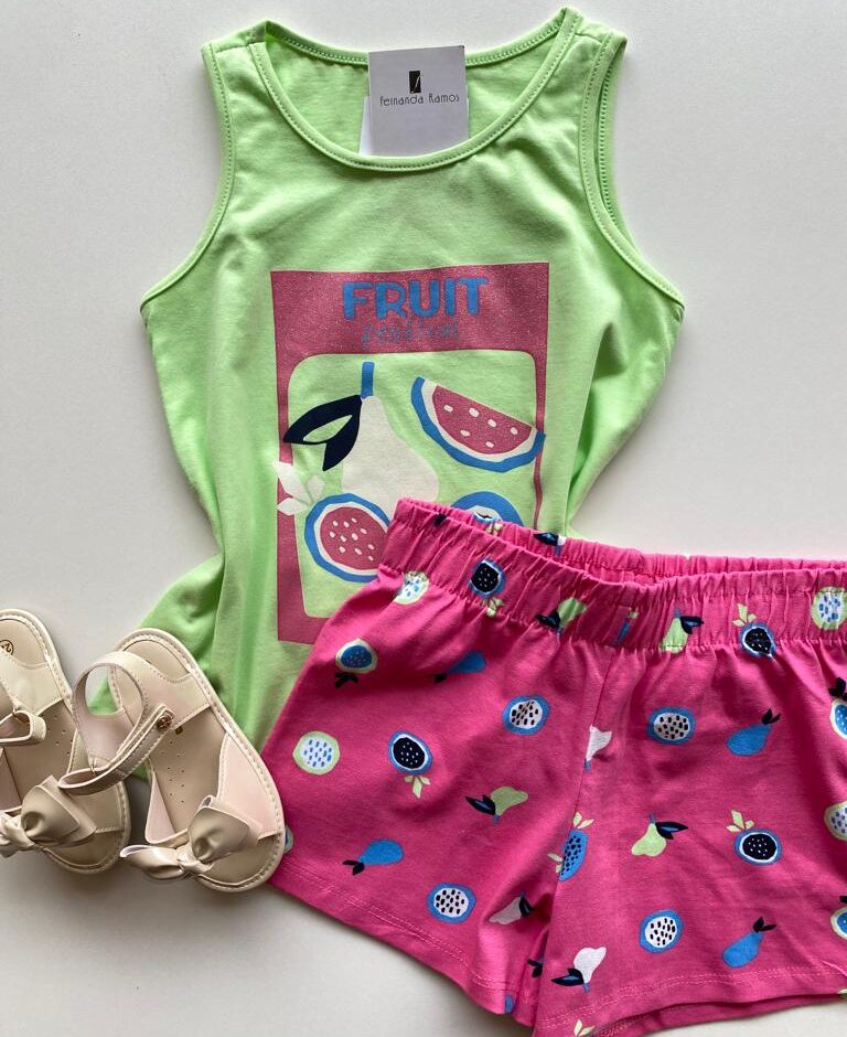 fernandaramoskids com br Conjunto Infantil Feminino Regata Verde e Short Estampado Rosa 1