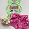 Conjunto Infantil Feminino Regata Verde e Short Estampado Rosa Fernanda Ramos Kids