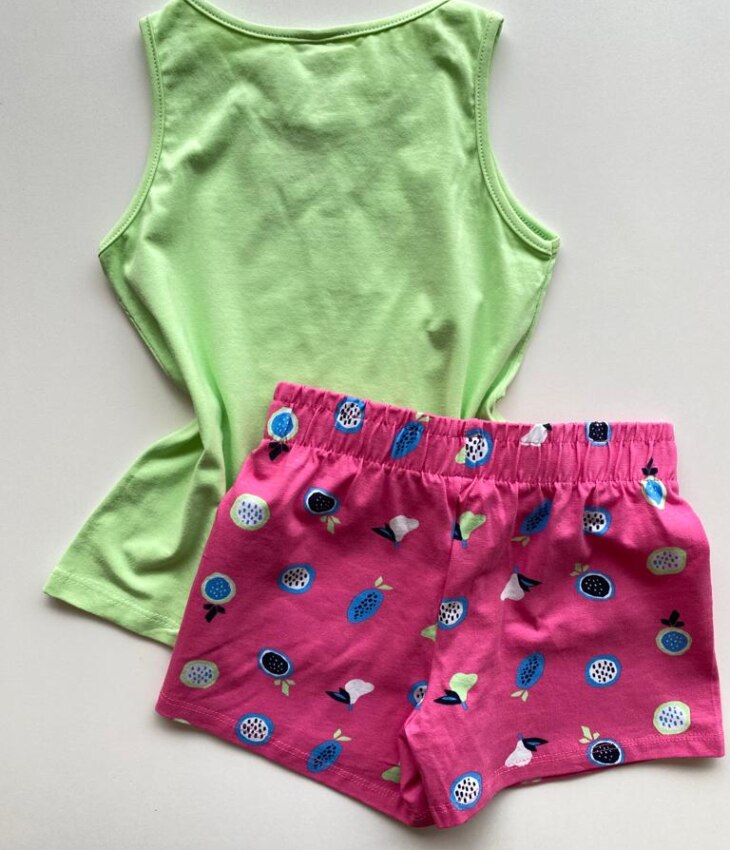 fernandaramoskids com br Conjunto Infantil Feminino Regata Verde e Short Estampado Rosa 2